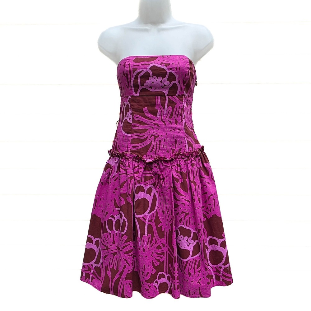 Marimekko Strapless Dress Sz 2 Fuchsia Maroon Cotton Smocked Open Back